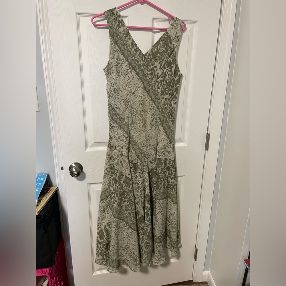 K studio Womens 14 long flowing dress green paisley‎ granola lace no sleeves